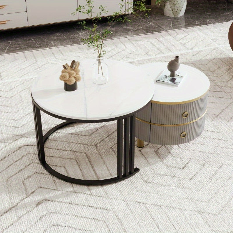 Bijzettafel – Salontafel – Nachttafel – Tafeltje – Lounge Tafel – Grijs met Wit Marmeren Blad – Set van 2 Met Laden – Nestbaar – 70x70x46 & 50x50x40 cm