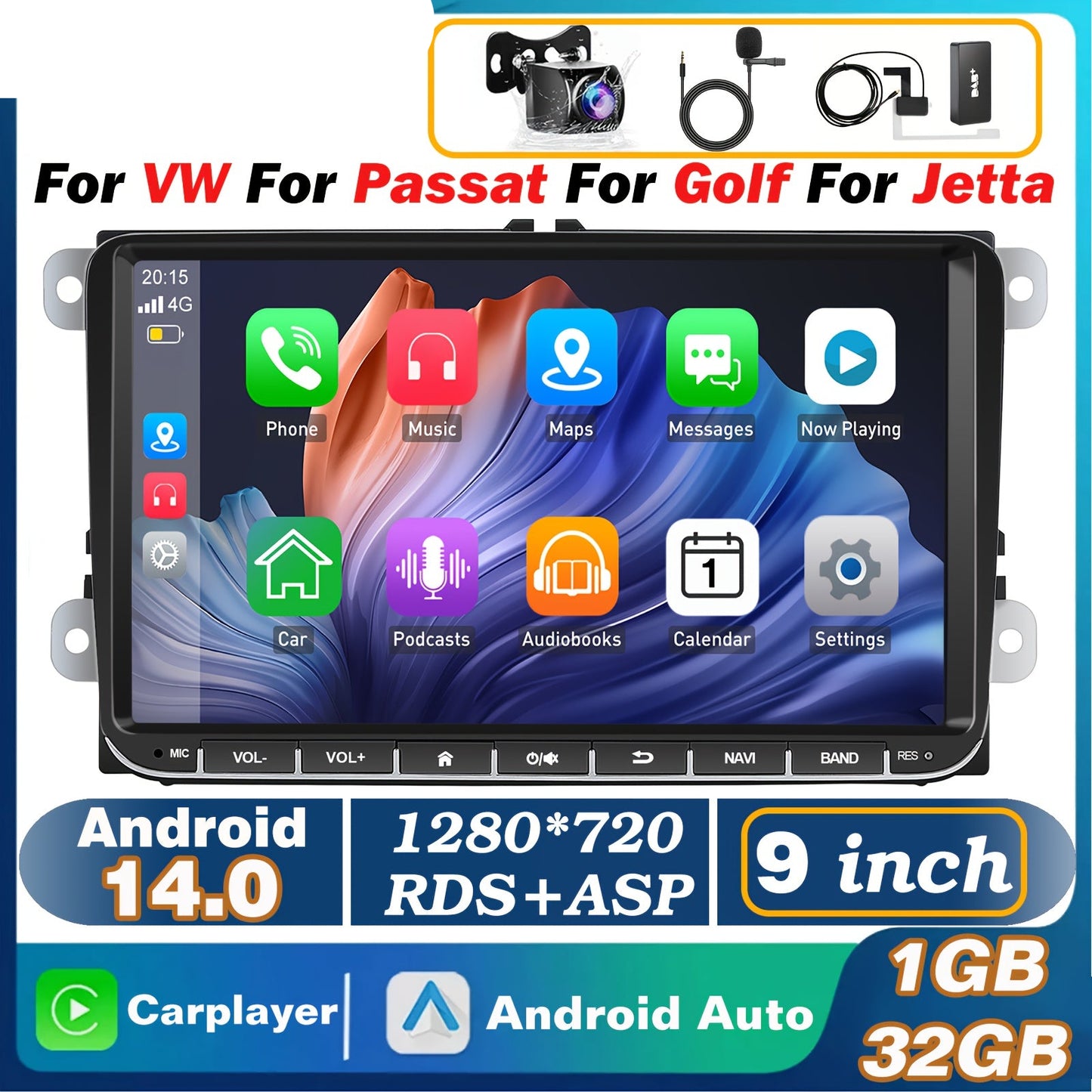 Multifunctionele 9 inch Car Stereo – Auto Radio – Multimedia Speler – Navigatiesysteem – Touchscreen Unit – Met Achteruitrijcamera & Microfoon – DAB+ Digitale Radio en Android 14.0