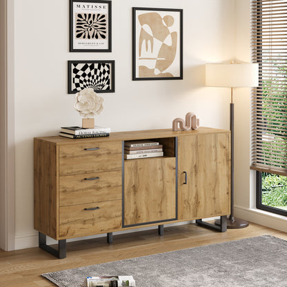 Bestekkast – Opbergkast – Ladekast – Dressoir – Commode – Multifunctioneel Design – Hardhouten & Spaanplaat Constructie – Open Vakjes – Vrijstaande Metalen Poten