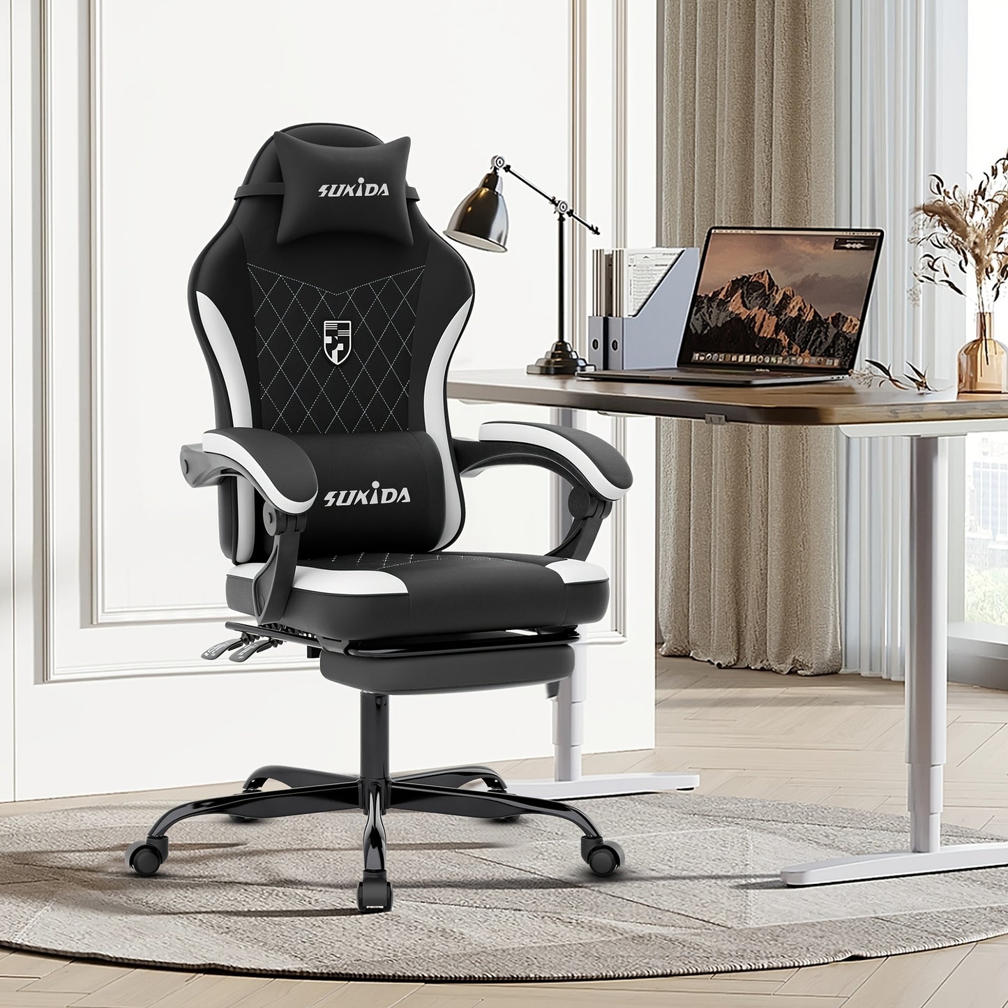 Gamingstoel – Bureaustoel – Gamestoel – Stoel Met Voetensteun – Ergonomische Stoel – Memory Foam Zitting – Instelbare Rugleuning – Zwart-Wit