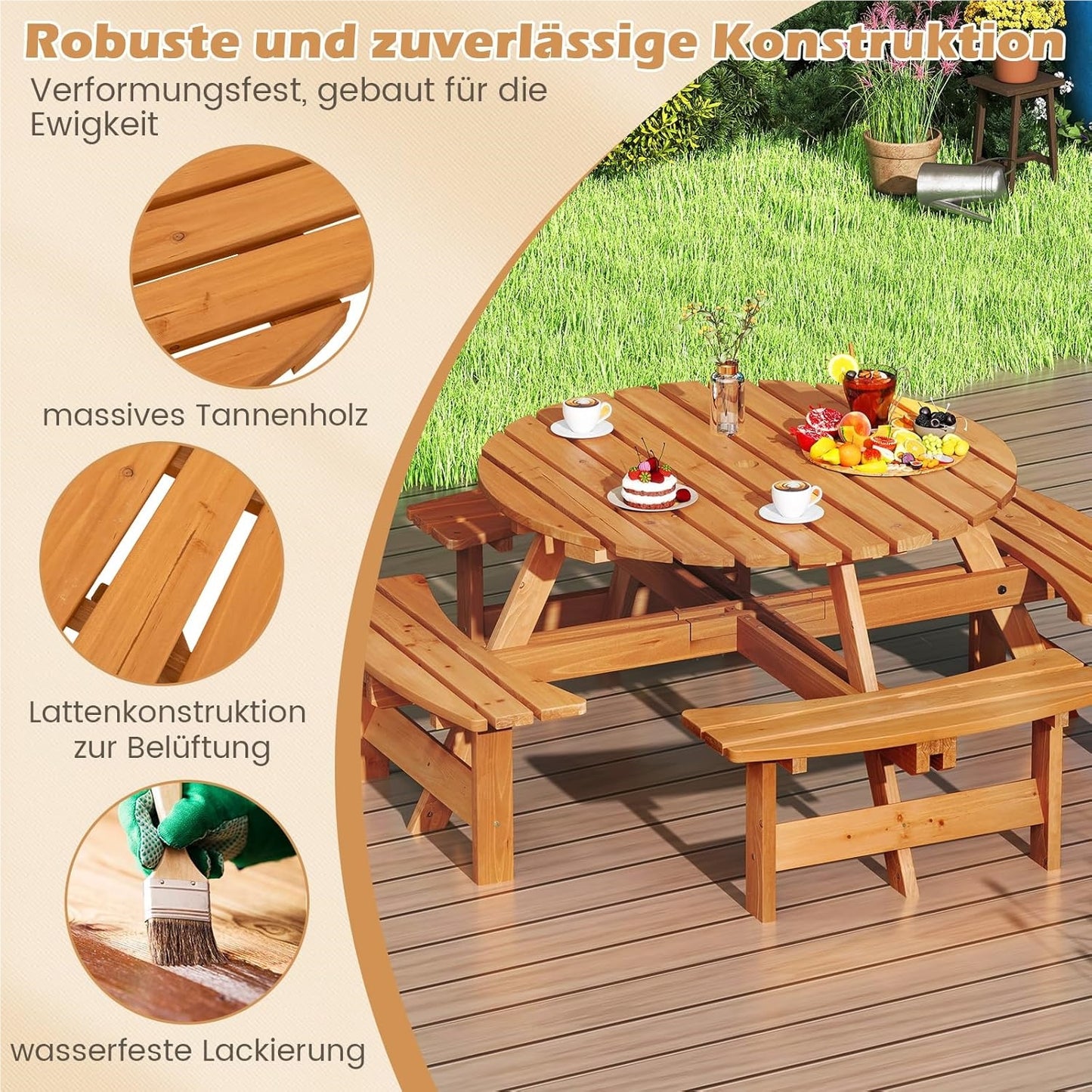 Picknicktafel – Tuintafel – Tuinmeubel – Picknickbank – Buitenmeubel – Rond 110 cm – Massief Grenenhout Met Parasolgat