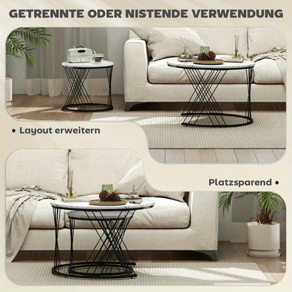 Set van 2 Ronde Salontafels – Bijzettafels – Tafeltjes – Nestbare Tafels – Witte Marmerlook Tafels – Nestbaar Ontwerp – Stevig Metalen Onderstel