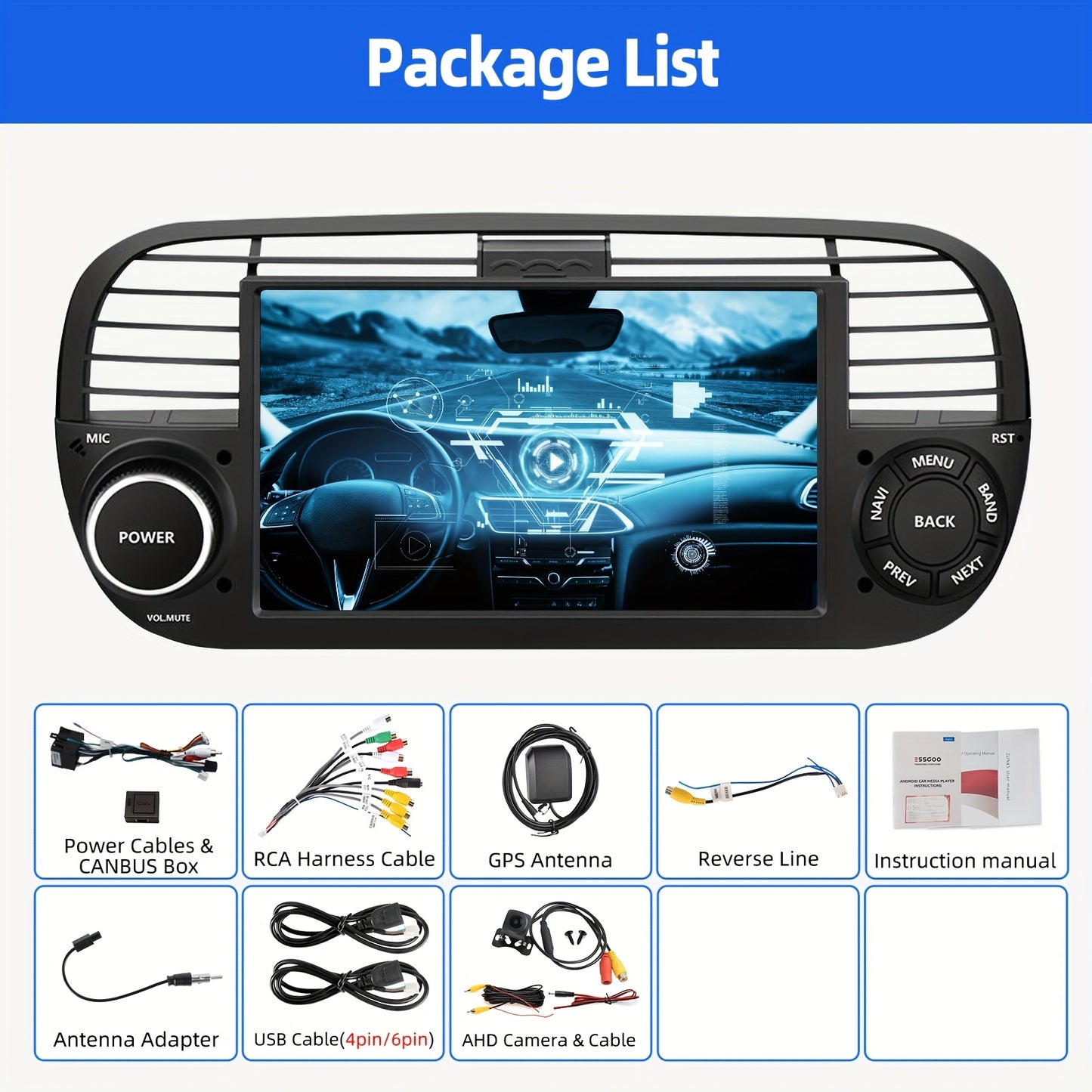 ESSGOO 4G+64G Auto Radio Android 14 Car Stereo Multimedia Player 2 DIN 7 inch/17.78cm HD Screen For Fiat 500 2007-2015 With Wireless Carplayer, Android Auto, WiFi FM RDS USB SWC CANBUS (AHD Camera&Microphone&DVR for optional)