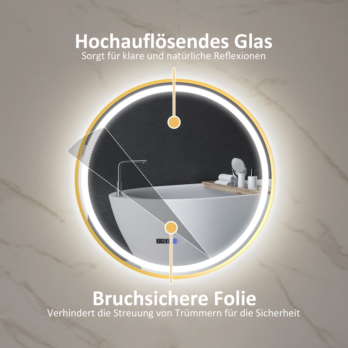 Ronde Badkamerspiegel – Spiegel Met LED Verlichting – Badkamerspiegel Met Antibeslag – Touch Spiegel – Digitale Badkamerspiegel – Goudkleurig Design – Zelfvoorzienende Stroom – Tijd- En Temperatuurweergave