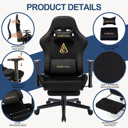 Ergonomic Gaming Chair with Footrest & Lumbar Support - Adjustable Height, 360° Swivel, Manual Recline Handle, Thickened PU Cushioned Seat & Backrest, Breathable Mesh-like Open Back Design, Heavy-Duty Metal Frame - Racing St