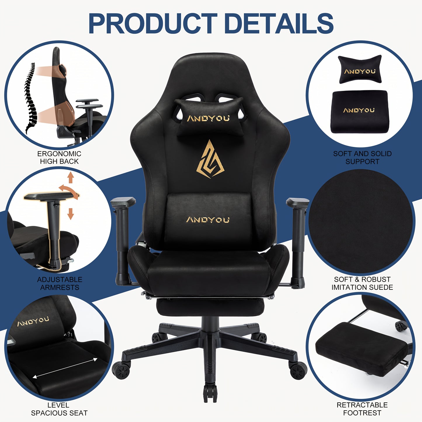 Ergonomic Gaming Chair with Footrest & Lumbar Support - Adjustable Height, 360° Swivel, Manual Recline Handle, Thickened PU Cushioned Seat & Backrest, Breathable Mesh-like Open Back Design, Heavy-Duty Metal Frame - Racing St