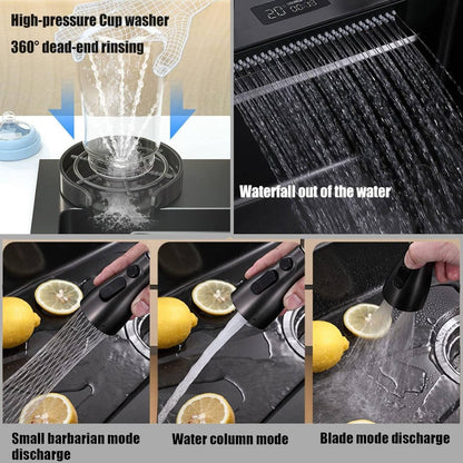Keukenspoelbak – Spoelbakken Keuken – Wasbak Keuken – Gootsteen Keuken – Enkele Spoelbak – Zwart RVS – 68x45 cm – Inclusief Afdruiprek en Watervalkraan