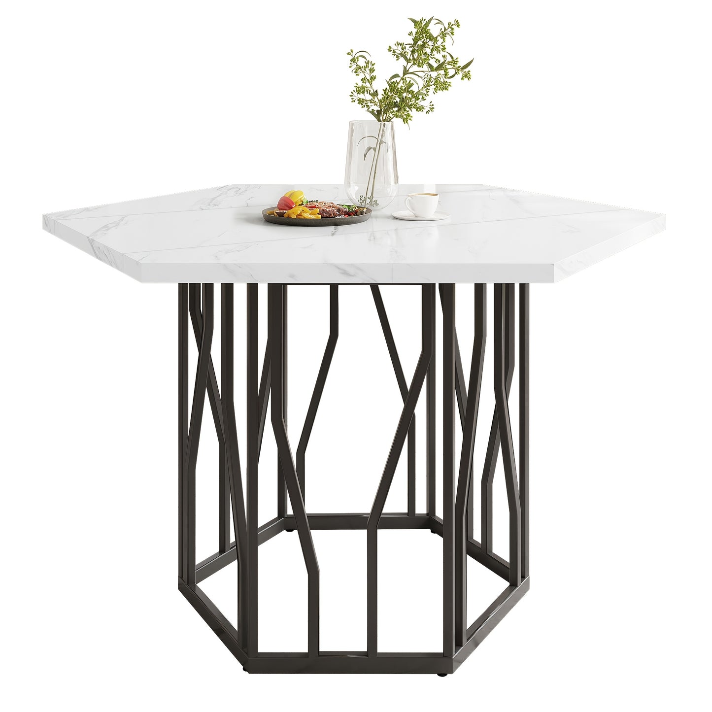 Eettafel – Tafel – Dinertafel – Salontafel – Bijzettafel – Hexagonaal Marmeren Blad – Zwart Metalen Takkenframe