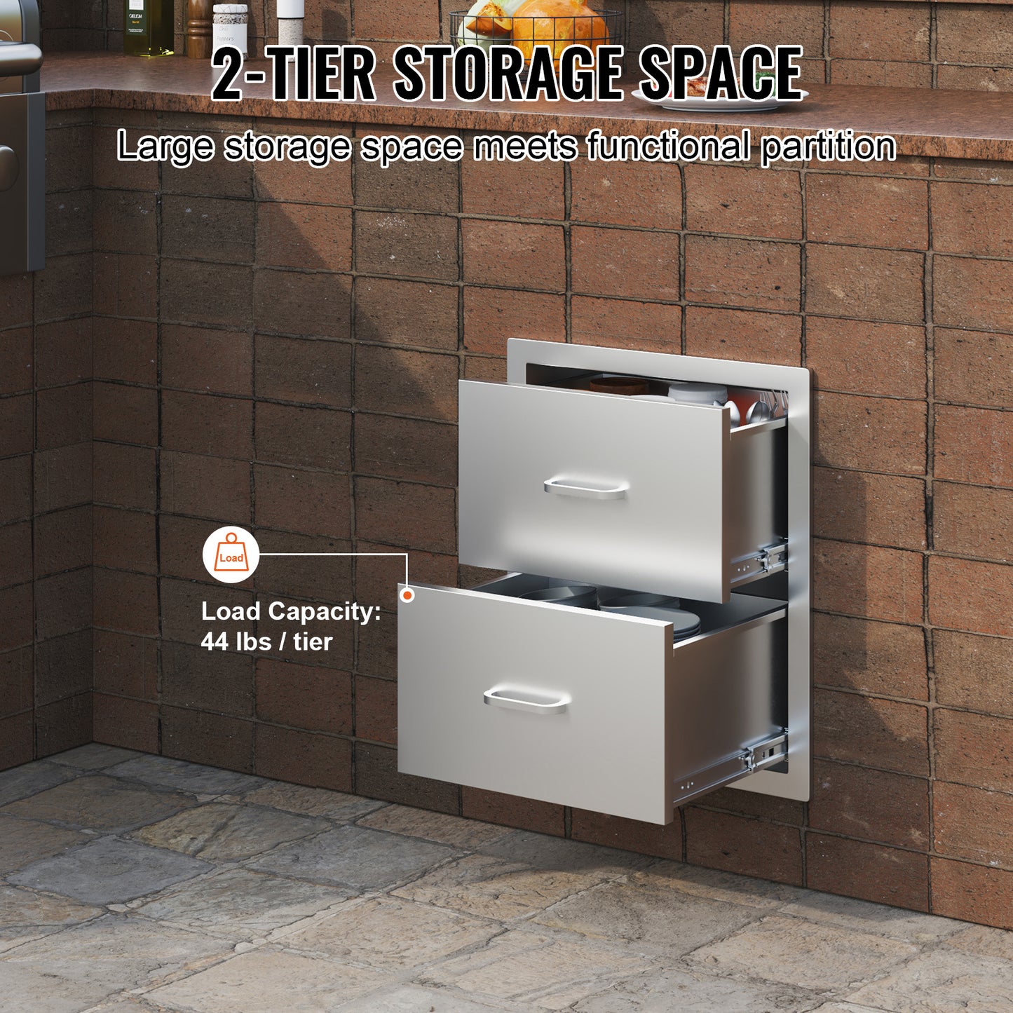 2-laags RVS Lade – Buitenkeuken Lade – BBQ Lade – Opberglade – Keukenlade – Weerbestendig RVS – Stil Schuifsysteem