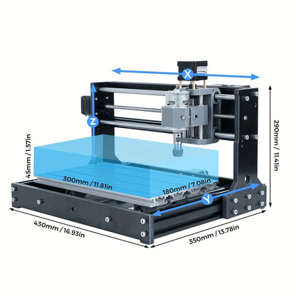 3018S CNC Milling Machine, 3018S Upgraded Model Main Control Board, 3-axis CNC Milling Machine Is Used For Engraving Plastic, Acrylic, Nylon, PCB, PVC, Carbon Fiber Boards, XYZ Axis Working Area 300x180x45mm (11.81x7.08x15.74