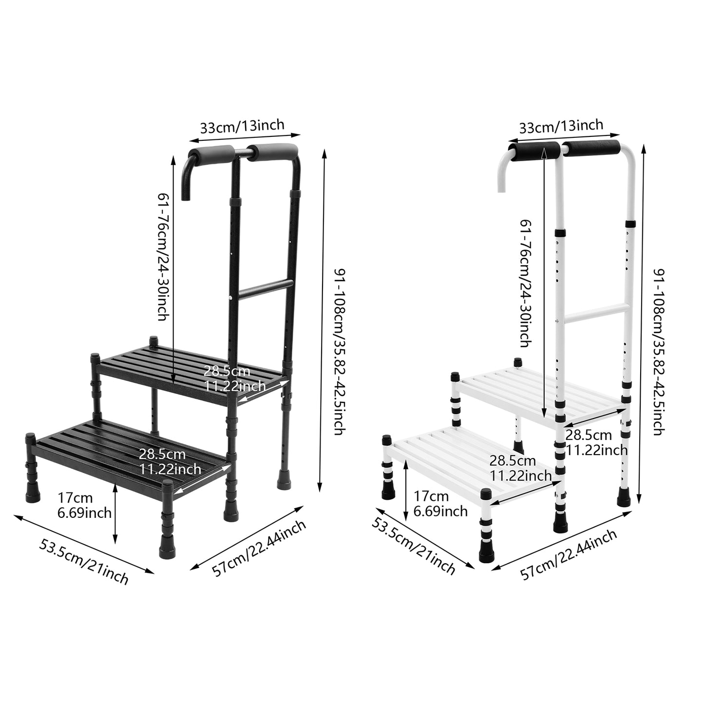2-Traps Opstap – Opstapje – Trapje – Kindertrap – Steiger – Verstelbare Handgreep – Antislip Rubber Voeten – Brede Treden – Stabiel Koolstofstaal – Wit
