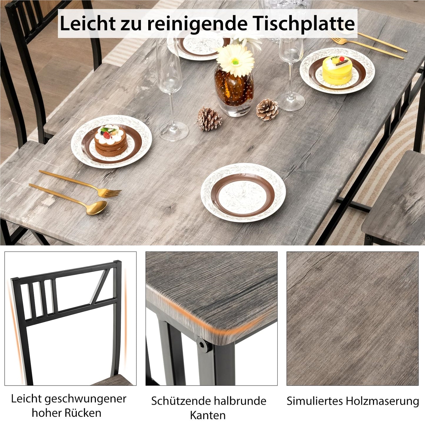 Eettafel Set – Tafel Met Stoelen – Dinerset – Keukentafel – Industriële Eettafel – Grijs – Space-Saving Design – Duurzaam MDF & Metaal