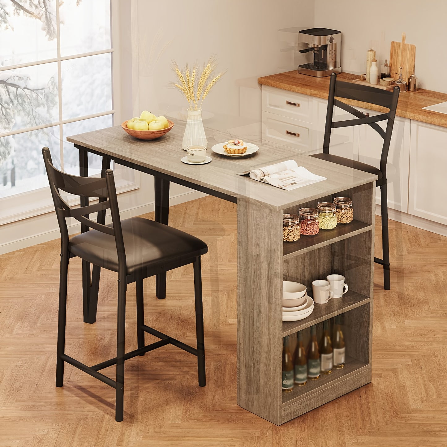 3-delige Bar Tafel Set – Bartafel Set – Barmeubel – Bistrotafel – Eettafel Compact – Opklapbaar Tafelblad – Met Opbergruimte – Grijs – Ruimtebesparend – Stevig Houten Ontwerp