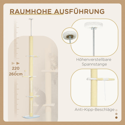Krabpaal – Krabmeubel – Kattentoren – Klimelement – Speelpaal – Verstelbare hoogte 220-260 cm – Antislip basis – Sisal touw – Geel variant