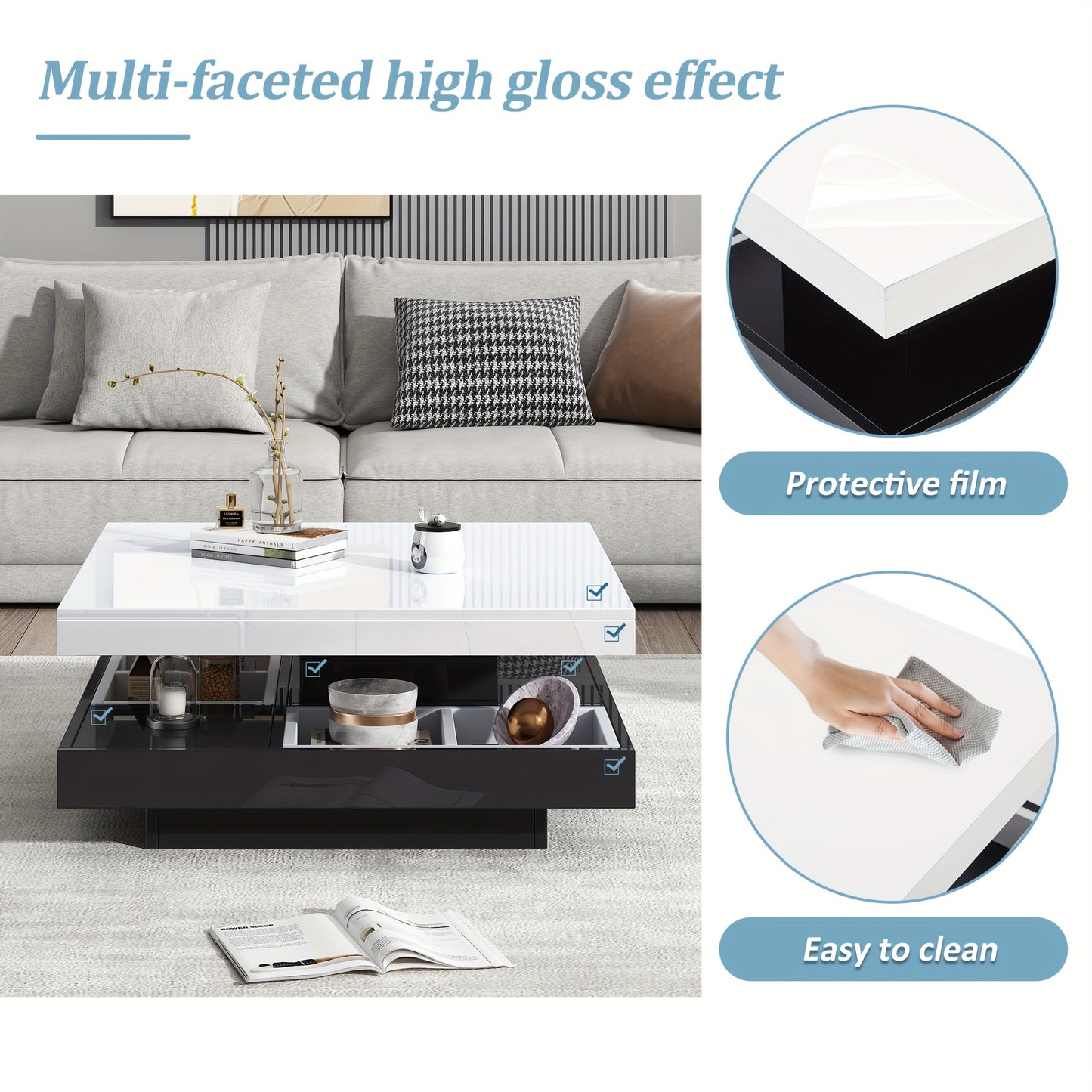 Salontafel – Woonkamertafel – Koffietafel – Bijzettafel – Draaibare Tafel – Hoogglans Wit – Zwart Frame – 360° Draaibaar – 2-Niveaus Opbergruimte 70x70x36 cm