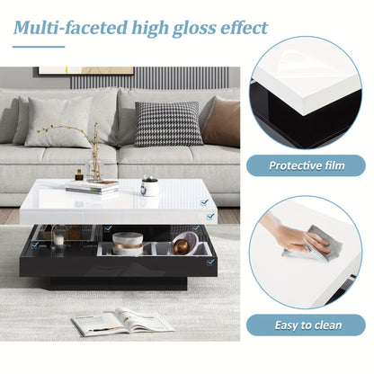 Salontafel – Woonkamertafel – Koffietafel – Bijzettafel – Draaibare Tafel – Hoogglans Wit – Zwart Frame – 360° Draaibaar – 2-Niveaus Opbergruimte 70x70x36 cm