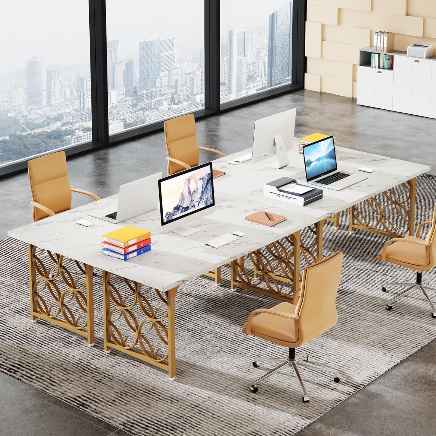 Conferentietafel – Vergadertafel – Bureautafel – Ontmoetingstafel – Werktafel – Wit met Gouden Accenten – Verstelbare Hoogte 68,5 cm – Stevig MDF Tafelblad en Metalen Frame
