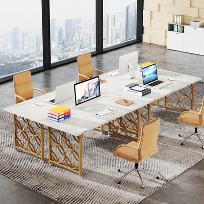 Conferentietafel – Vergadertafel – Bureautafel – Ontmoetingstafel – Werktafel – Wit met Gouden Accenten – Verstelbare Hoogte 68,5 cm – Stevig MDF Tafelblad en Metalen Frame