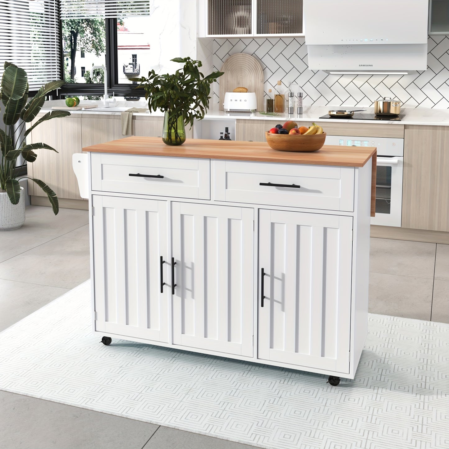 Keukentrolley – Serveerwagen – Keukenwagen – Opbergtrolley – Mobiele Kast – Wit – Massief Houten Werkblad – Verstelbare Voeten – 129x46 cm – Verrijdbaar Met Remmen