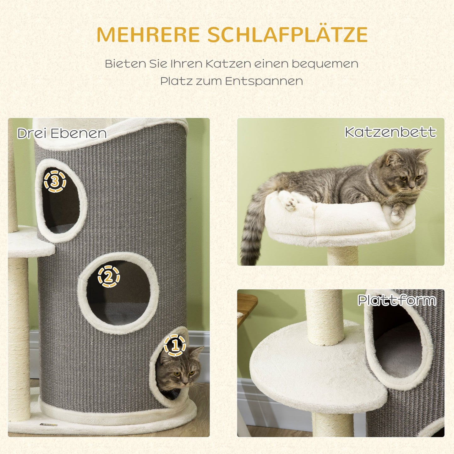 Krabpaal – Krabton – Krabmeubel – Kattenbed – Krabpaal met Slaapplek – Duurzaam Sisal – Ruimtebesparend Ontwerp – Grijs/Naturel/Wit