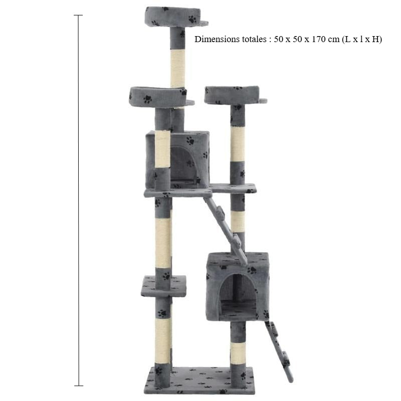 Multi-Level Cat Tree Tower with Sisal Scratching Posts, Stable Base & Paw Print Design - 170cm Tall Modern Cat Activity Center with Hanging Bed, Playrooms & Stairs - Space-Saving Indoor Cat Furniture for Living Room, Balcony