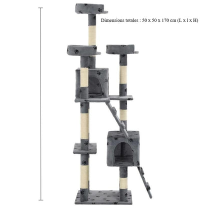 Multi-Level Cat Tree Tower with Sisal Scratching Posts, Stable Base & Paw Print Design - 170cm Tall Modern Cat Activity Center with Hanging Bed, Playrooms & Stairs - Space-Saving Indoor Cat Furniture for Living Room, Balcony