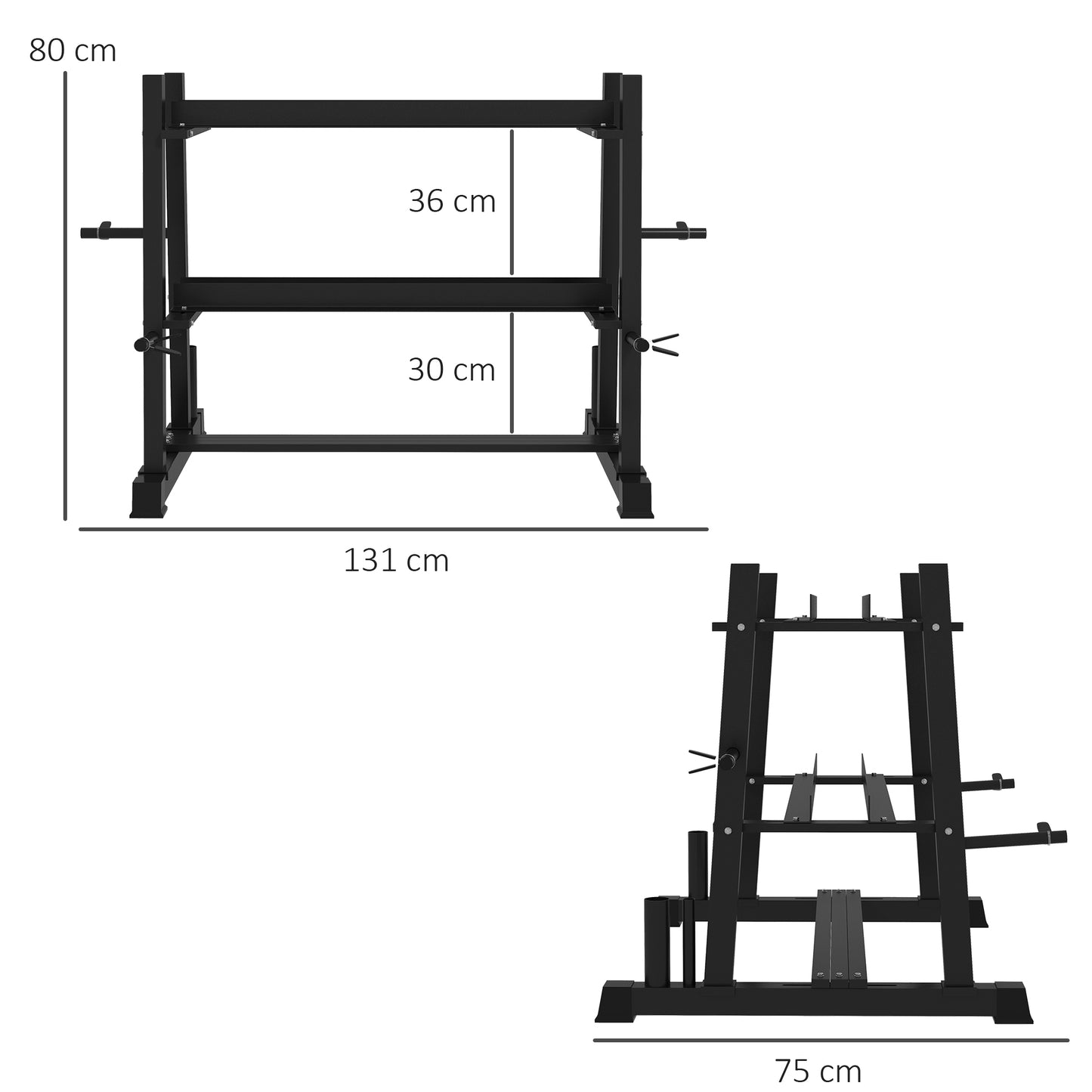 Dumbbellrek – Halterrek – Kettlebellrek – Gewichtenschijfrek – Opbergrek Fitness – Verstelbaar 3-Laags – Stabiel Stalen Frame – 131 x 75 x 80 cm Zwart