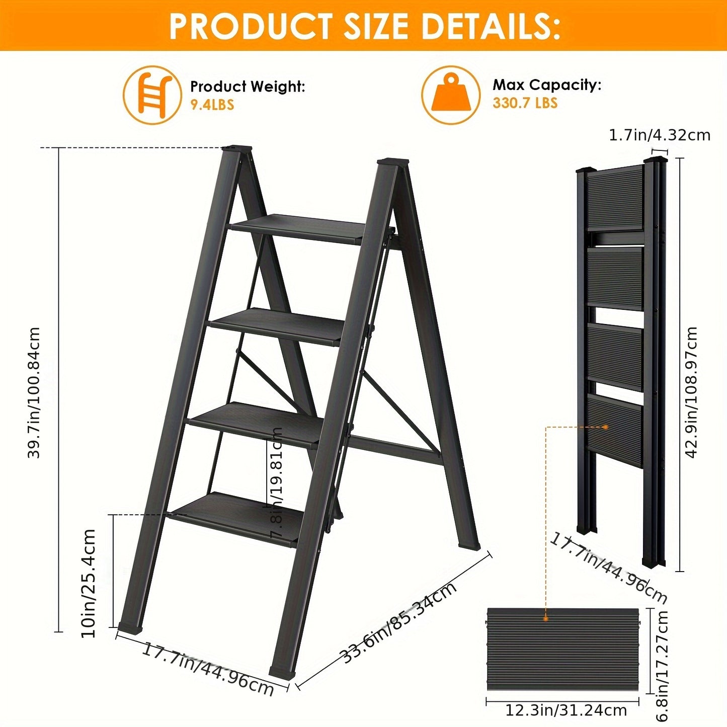 4-Traps Ladder – Inklapbare Ladder – Opstapje – Steiger – Trapstoel – Aluminium – Zwart – Antislip Treden – Max. Draagkracht 150 kg