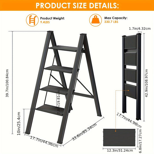 4-Traps Ladder – Inklapbare Ladder – Opstapje – Steiger – Trapstoel – Aluminium – Zwart – Antislip Treden – Max. Draagkracht 150 kg