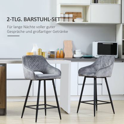 Barkrukken – Barstoelen – Bistrostoelen – Keukenstoelen – Counterstoelen – Fluweel Bekleed – Stevig Stalen Frame – Zithoogte 67 cm – Set van 2 – Grijs