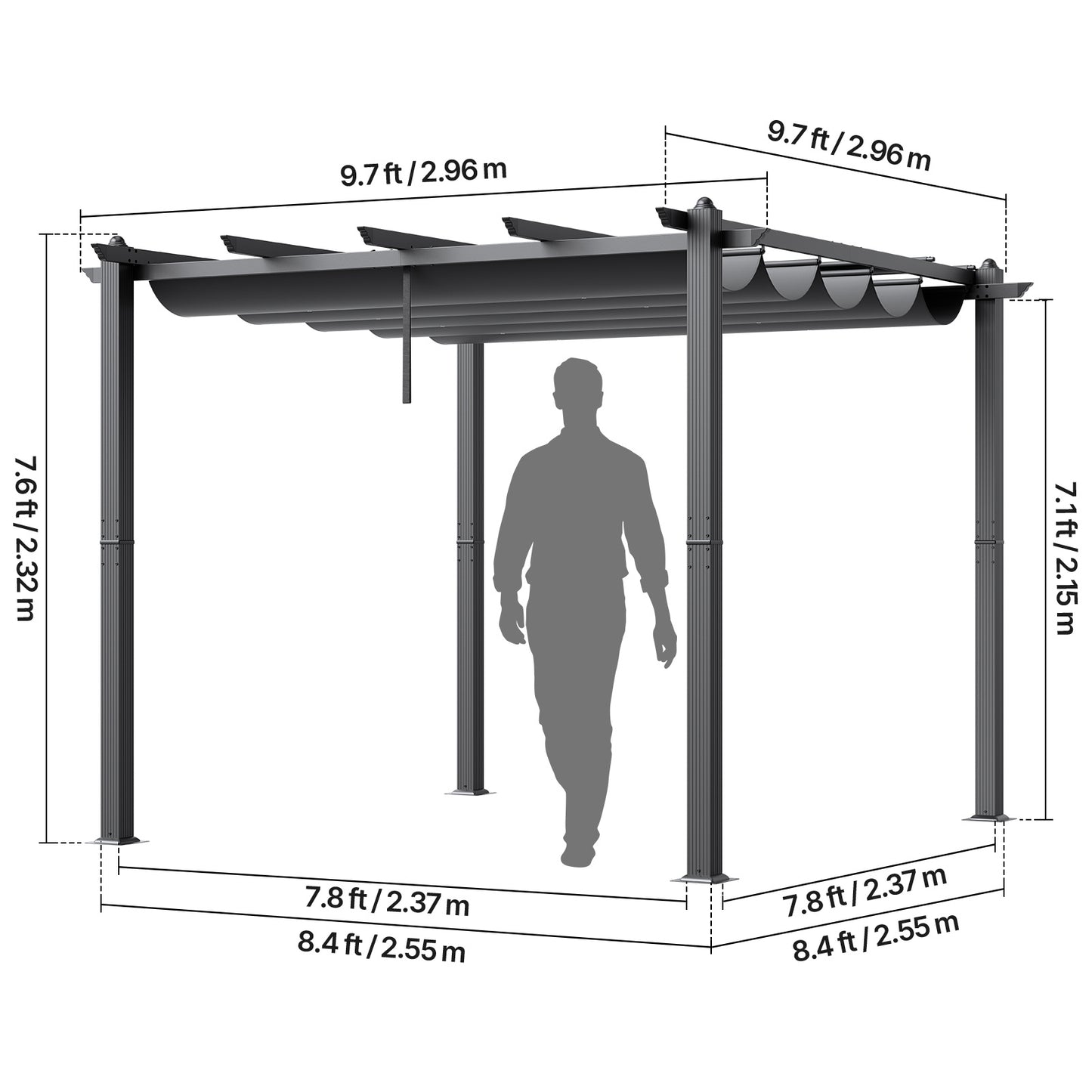 Pergola – Tuinprieel – Terrasoverkapping – Tuinpaviljoen – Zonwering – Uitschuifbaar Dak – Aluminium Frame – 3x3 Meter – UV-Bescherming – Weerbestendig – Grijs