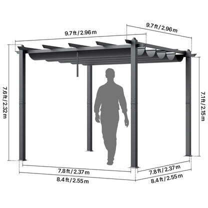 Pergola – Tuinprieel – Terrasoverkapping – Tuinpaviljoen – Zonwering – Uitschuifbaar Dak – Aluminium Frame – 3x3 Meter – UV-Bescherming – Weerbestendig – Grijs
