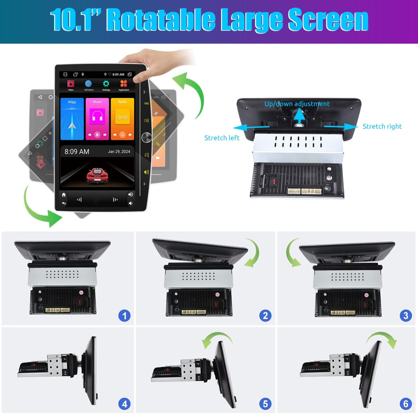 Autoradio – Car Stereo – Auto Multimediaspeler – 1 DIN Radio – Autostereo – 10,1 Inch Draaibaar Touchscreen – Android 14 & Draadloze CarPlay