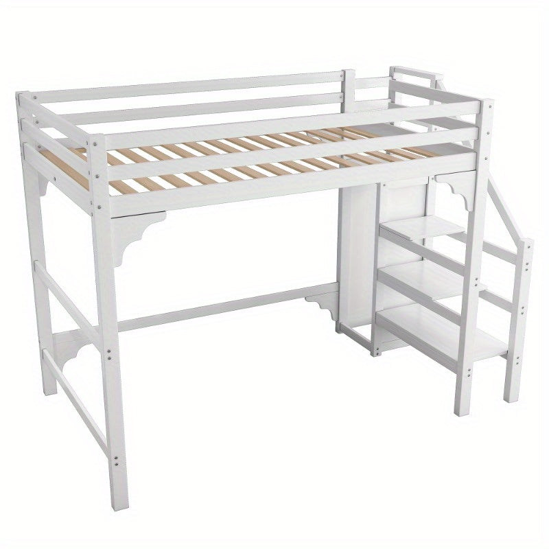 Hoogslaper – High Bed – Stapelbed – Kinderbed – Jeugdbed – 140x200 cm – Wit – Met Lattenbodem en Opbergruimte