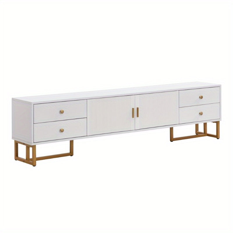 Low TV Cabinet with Structured Door TV Furniture with Drawers Golden Handles and Golden Feet