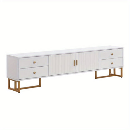 Low TV Cabinet with Structured Door TV Furniture with Drawers Golden Handles and Golden Feet