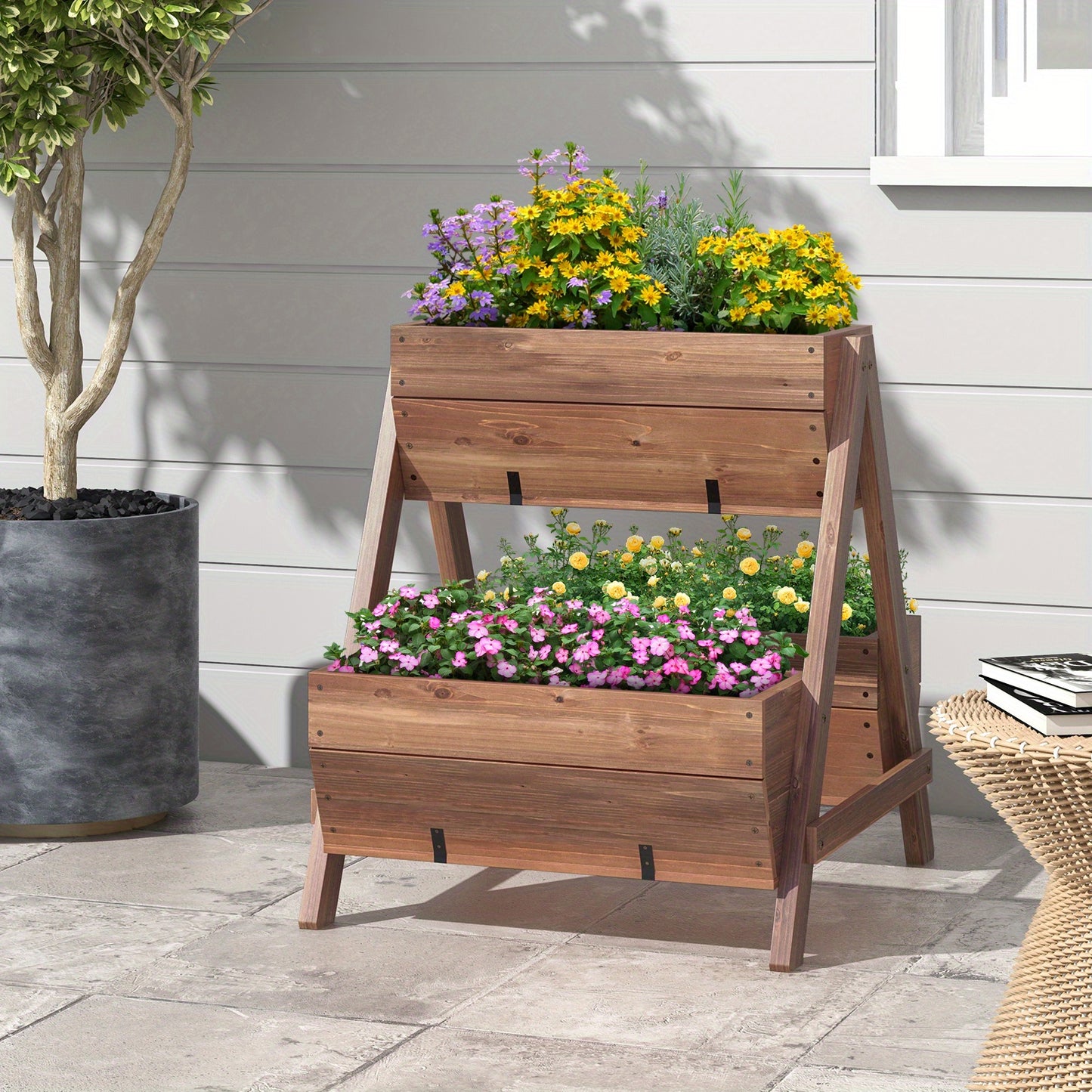 Plantenrek – Plantenstandaard – Plantentafel – Bloemenrek – Plantenetagère – Verticale Verhoogde Tuinbak – Vurenhout Met 3 Niveaus – Met Drainagegaten