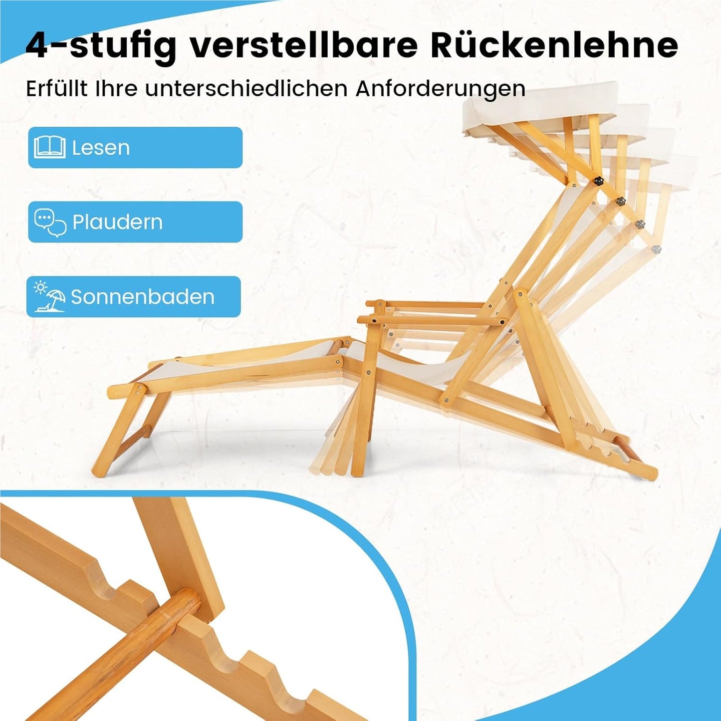 Ligstoel – Tuinstoel – Strandstoel – Zonnenligstoel – Lounger – Inklapbaar – Berkenhout – Verstelbare Rugleuning – Zonnescherm – Inclusief Reserveonderdelen – Beige Natural