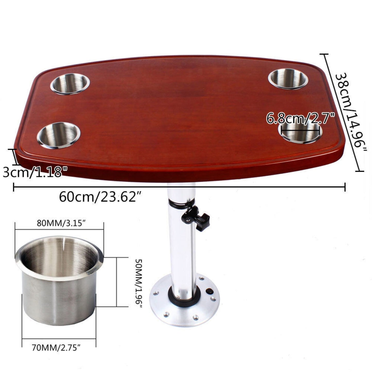 Tafel – Campingtafel – Caravan tafel – Wandtafel – Statafel – Eikenhout – Inklapbaar – Verstelbare Hoogte 60x38 cm – 4 Bekerhouders – Compact & Ruimtebesparend