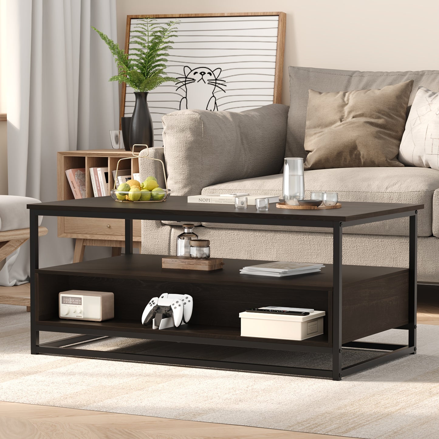 Salontafel – Koffietafel – Bijzettafel – Houten Tafel – Vintage Tafel – Metaal En Hout – 105x58x48 cm – 2 Lades En Open Plank