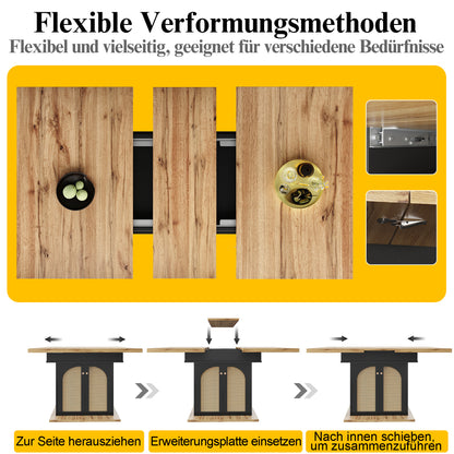 Telescopic Dining Table (110-140×80cm), Foldable Kitchen & Living Room Extendible Space-Saving 4-6 Seater with PE Rattan Cabinet Doors, Small Round Dining Table, Table for Dining Room, Spacesaving Furniture, Contemporary Des