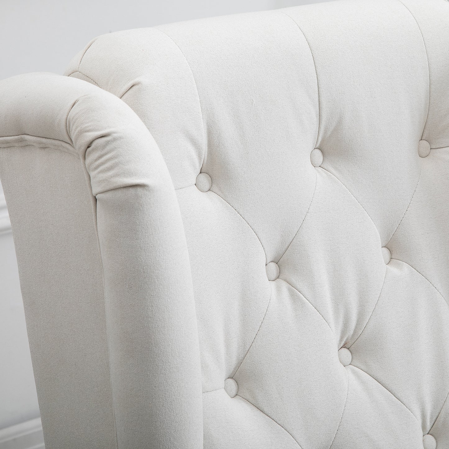Fauteuil – Relaxstoel – Loungestoel – Accentstoel – Zithoekstoel – Creme Wit – Knopen Gestoffeerde Rugleuning – Stevige Houten Poten