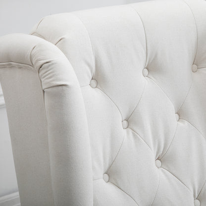 Fauteuil – Relaxstoel – Loungestoel – Accentstoel – Zithoekstoel – Creme Wit – Knopen Gestoffeerde Rugleuning – Stevige Houten Poten