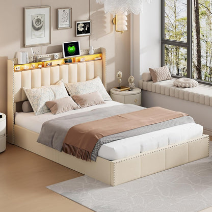 Bedombouw – Bedframe – Ledikant – Gestoffeerd Bed – Opbergbed – Tweepersoonsbed – Velvet Beige – 140x200 cm – Met USB Oplaadpoort en LED Verlichting