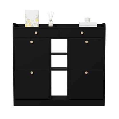 Schoenenkast – Schoenenopberger – Schoenenrek – Schoenenmeubel – Schoenenkast Zwart – Compact Ontwerp 110x26x100 cm – Vier Klepdeuren Met Lades