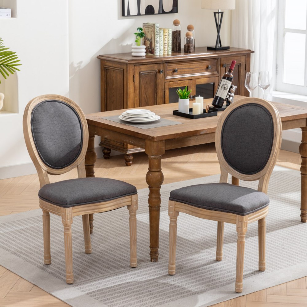 Dining chairs, French-style frame with Vintage oil painting-inspired linen upholstered backrest, set of two, deep grey, comfortable and durable.