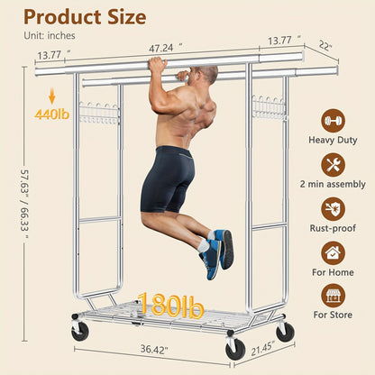 Heavy Duty Kledingrek – Kledingstandaard – Garderoberek – Kledinghanger – Kledingstalling – Verstelbare Dubbele Stangen – 295 kg Draagvermogen – 4 Wielen met Remmen – Zwart