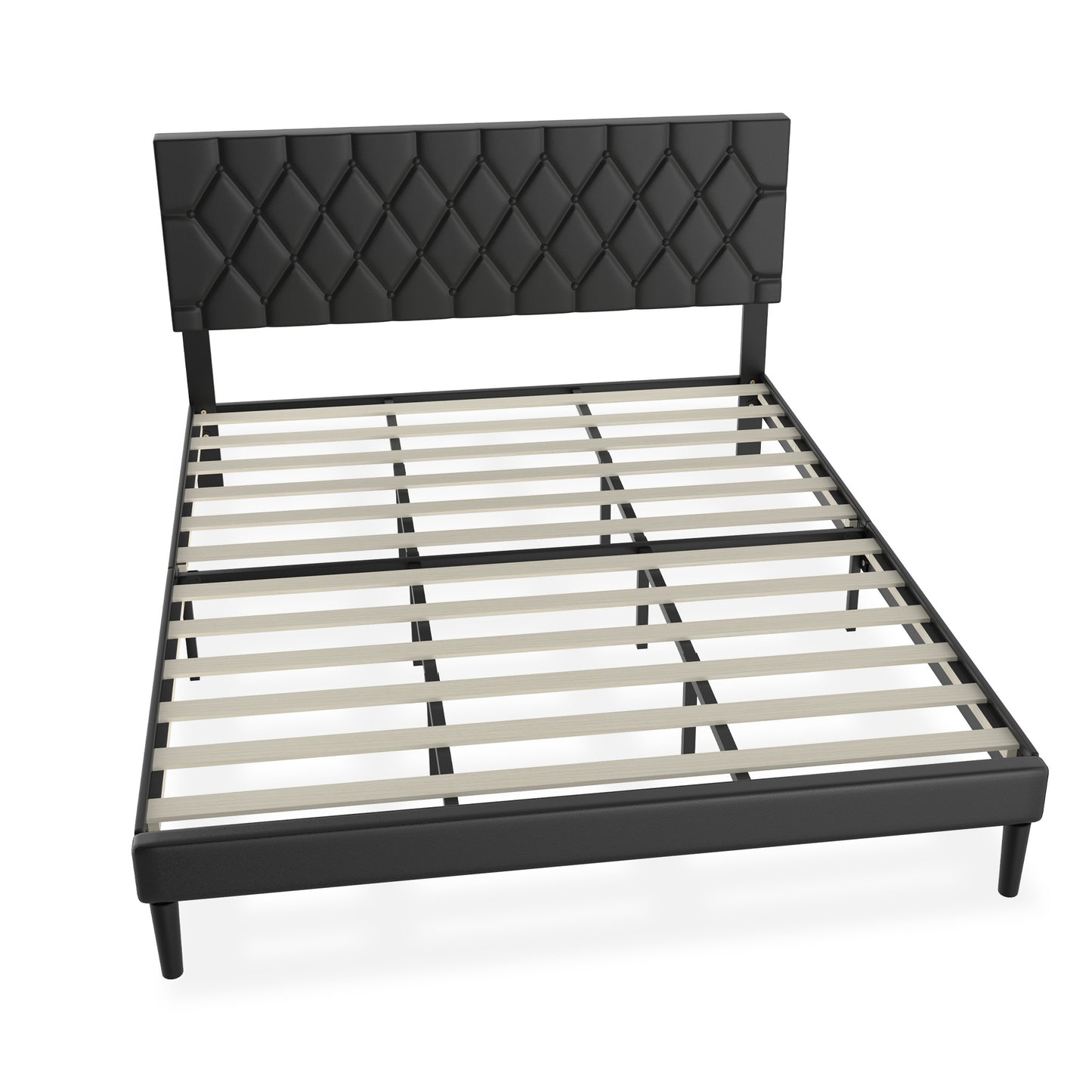 Bedframe – Metaalbed – Logeerbed – Tweepersoonsbed – Platformbed – Kunstleren Hoofdbord – 12 Lattenbodem – Max. Draagvermogen 300 kg