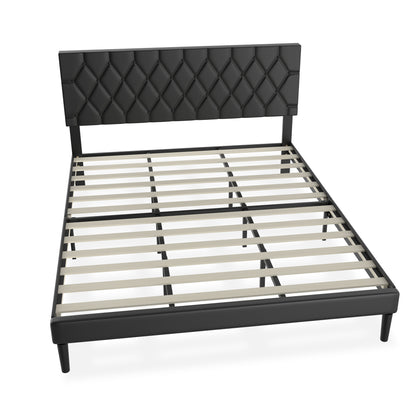 Bedframe – Metaalbed – Logeerbed – Tweepersoonsbed – Platformbed – Kunstleren Hoofdbord – 12 Lattenbodem – Max. Draagvermogen 300 kg