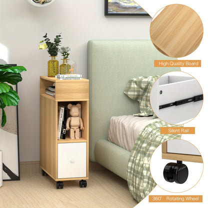 Mobiele Zijtafel – Rollende Bijzettafel – Nachtkastje – Smalle Tafel – Opbergtafel – Compact Design – MDF Hout – Vergrendelbare Wieltjes – 77x50x25 cm